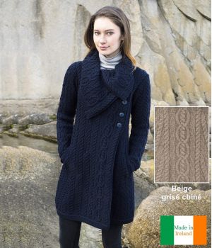 Beau Manteau Irlandais Femme, Grand Col Chunky, Laine Mérinos