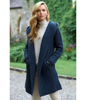 Magnifique Manteau Irlandais à Capuche, Motif Chevrons, 100% Laine Mérinos