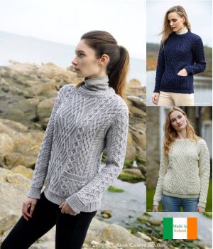 Pullover Sweater Irlandais Femme, Gris clair, Tailles S et XL, Laine Mérinos.