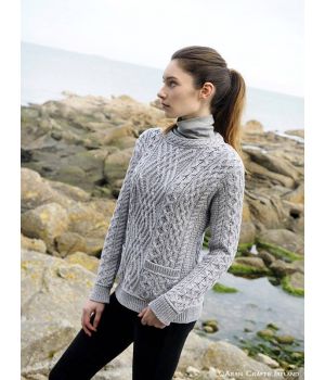 Pullover Sweater Irlandais Femme, Gris clair, Tailles S et XL, Laine Mérinos.